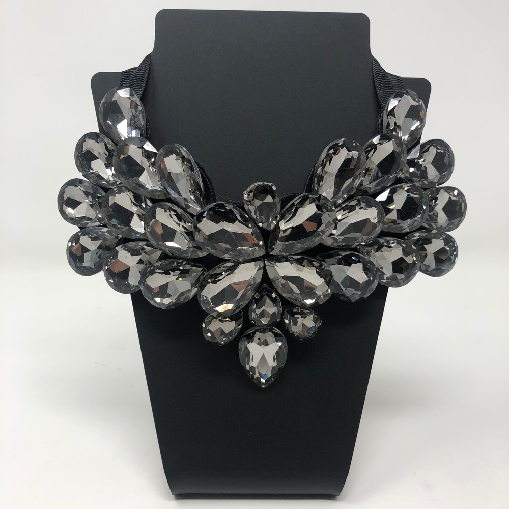 Tasha Bib Necklace Teardrop Stone Black Ribbon Tie Womens Fashion Dramatic